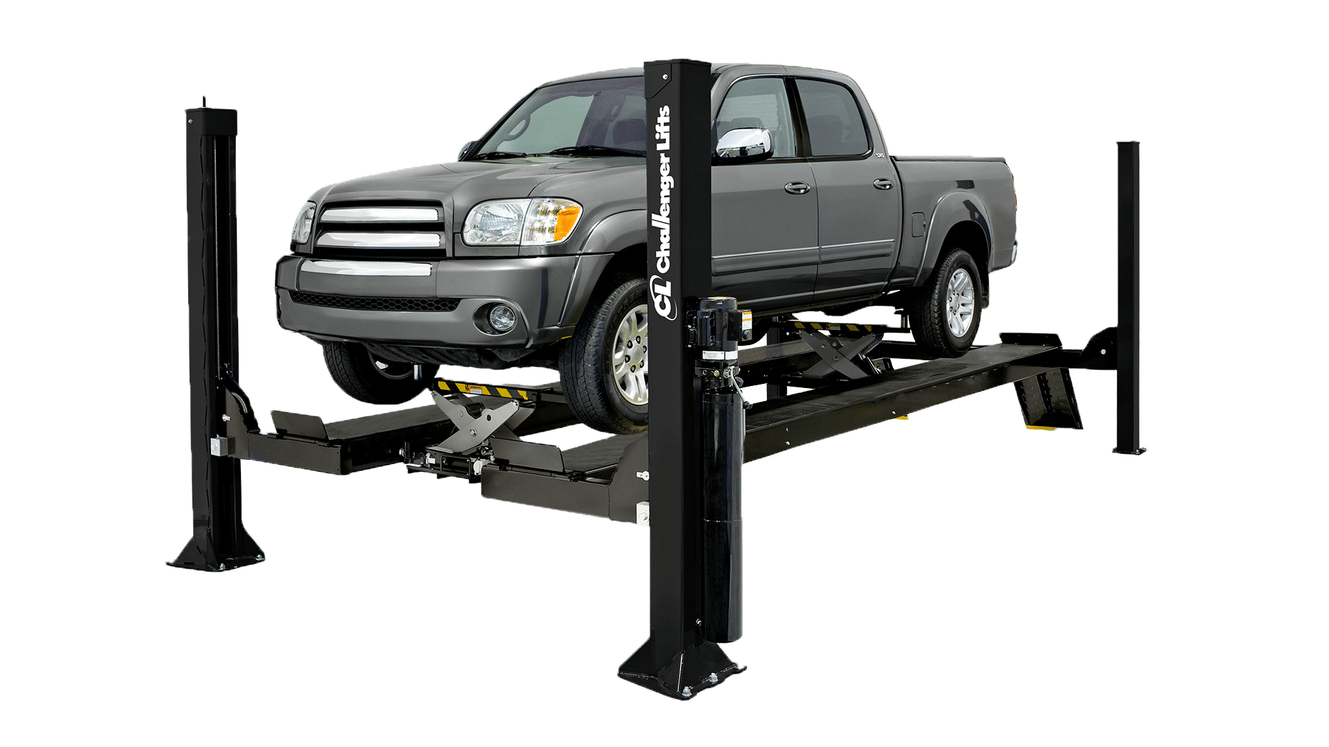 15k 4 post lift with a grey truck on it.