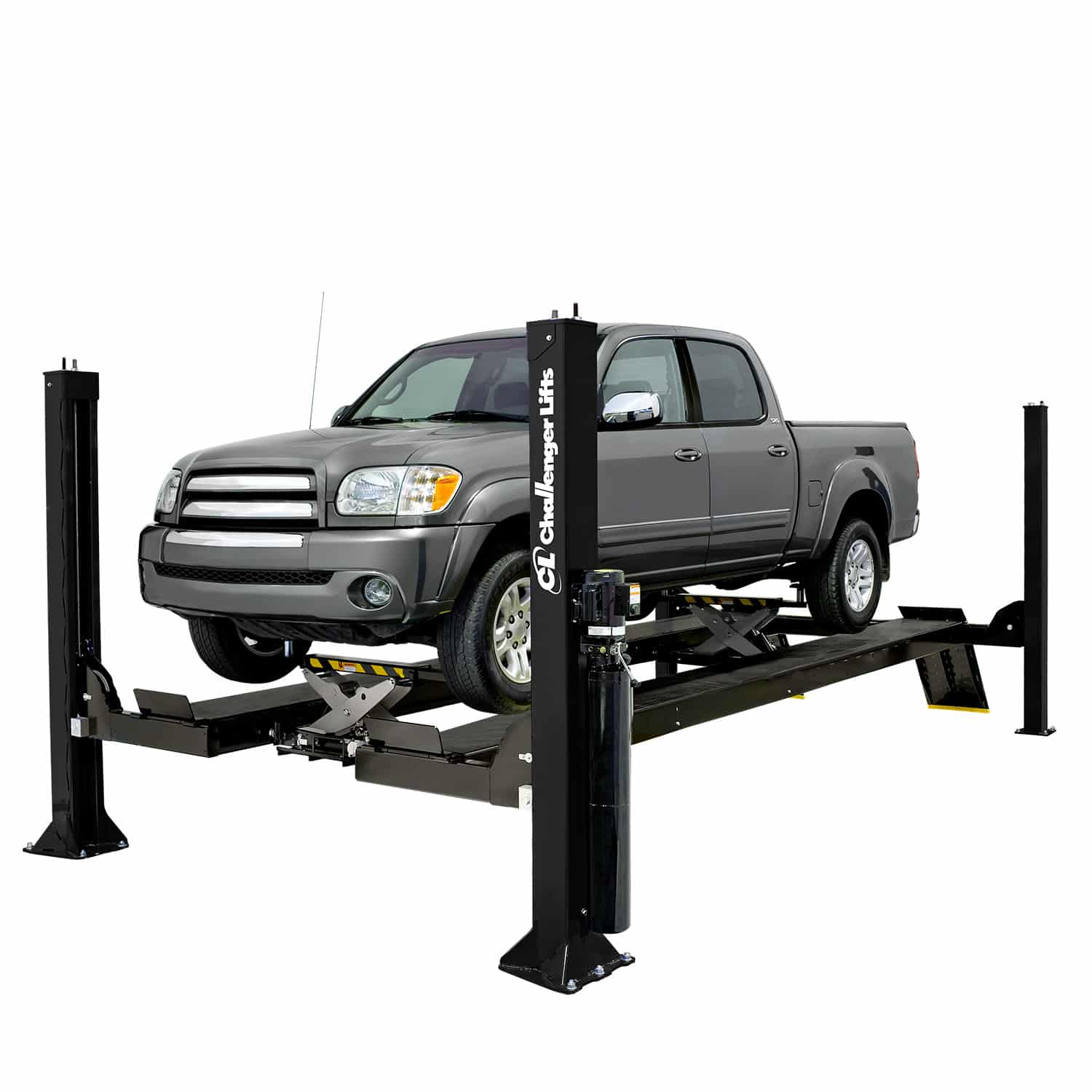 15k 4 post lift with a grey truck on it.