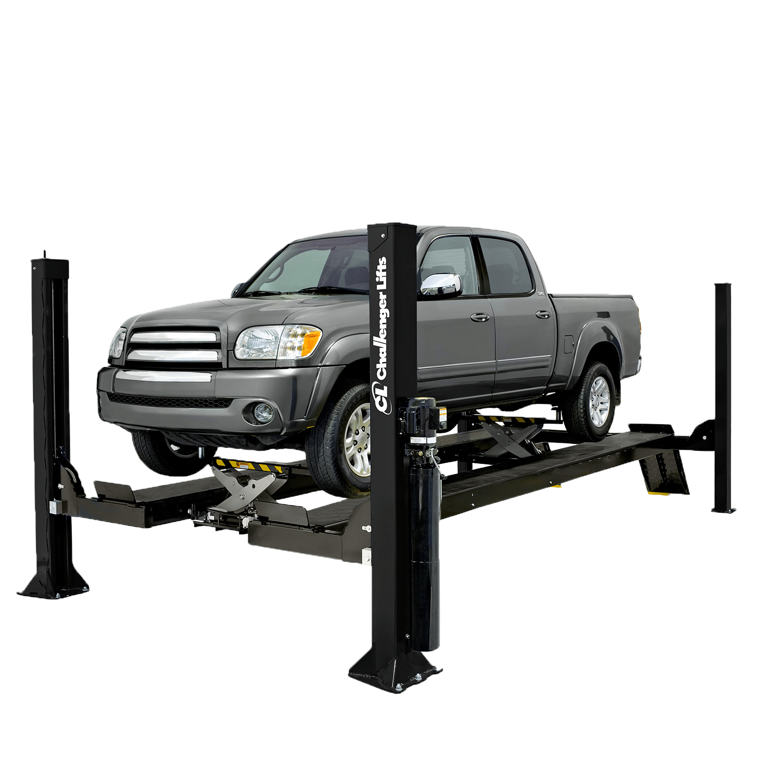 15k 4 post lift with a grey truck on it.
