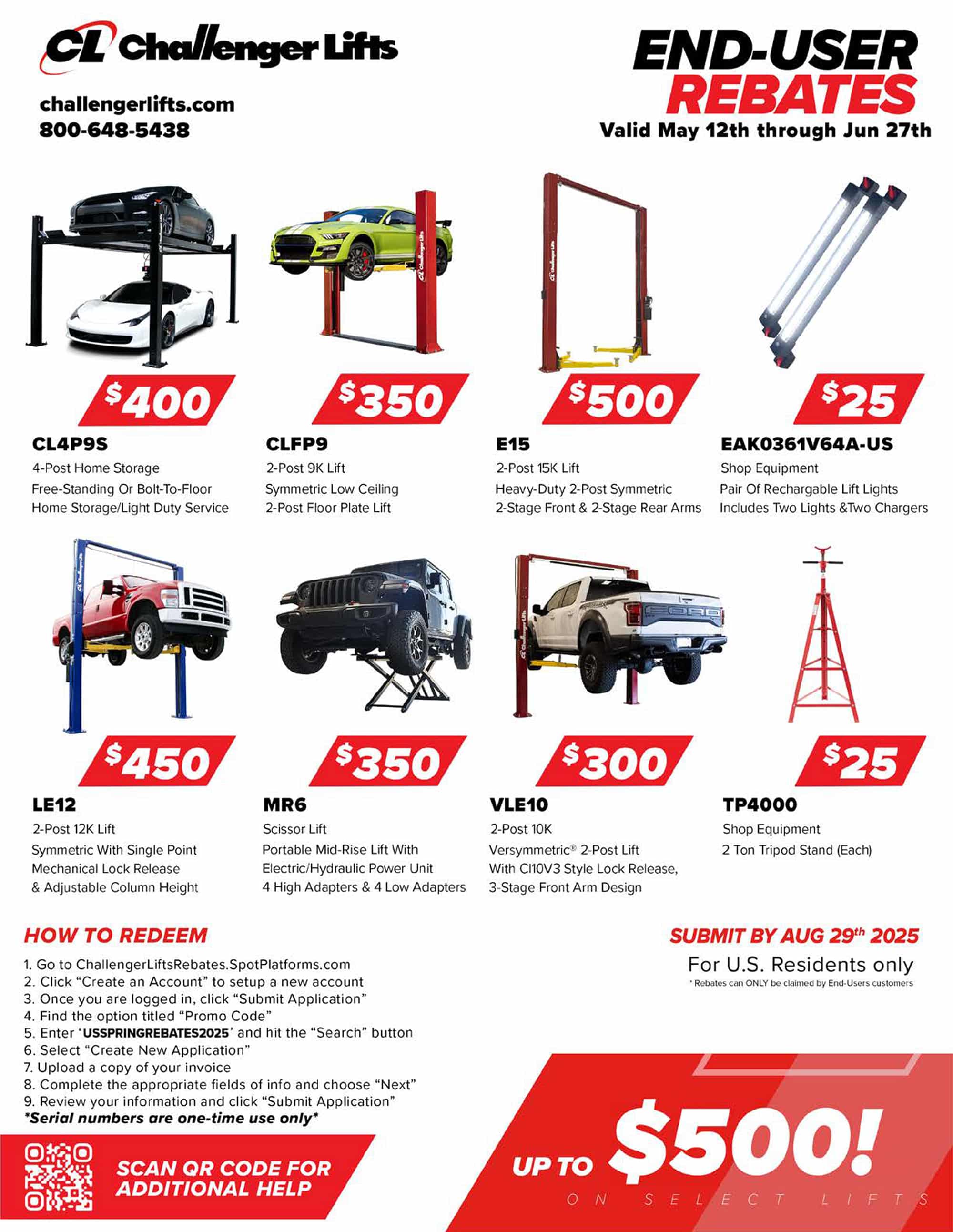 A poster containing rebates for Challenger Lifts Spring 2025