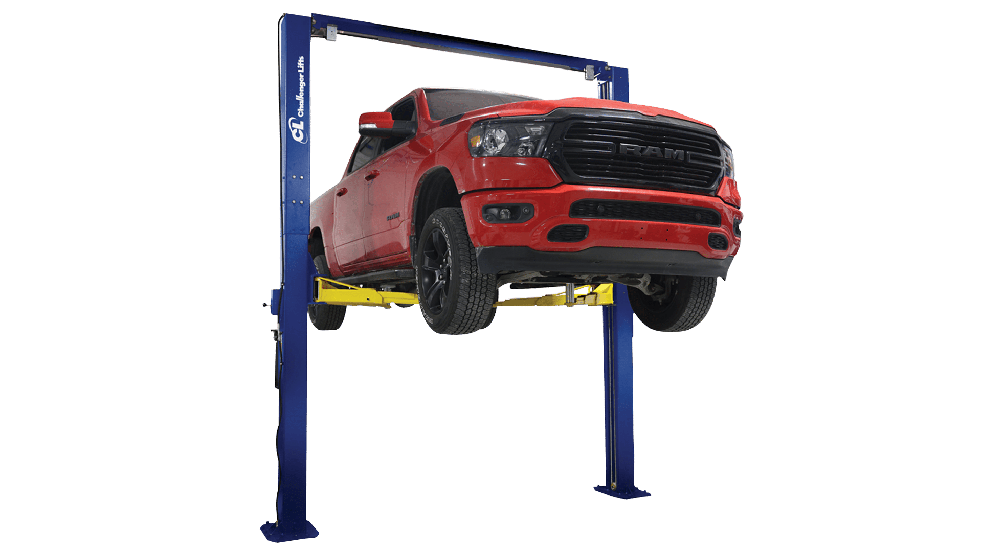 Challengers standard 2-post model LE12 with blue columns and red Ford F250 supported