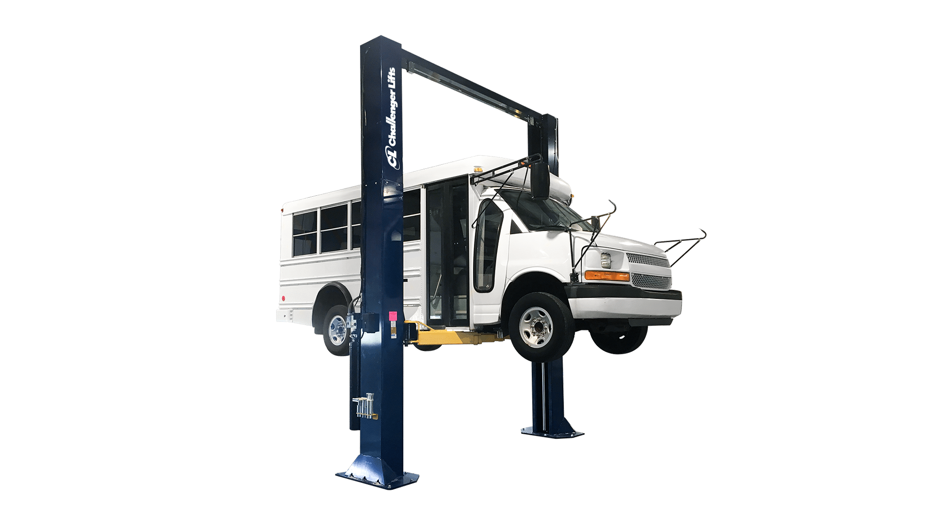 A mini bus on a Challenger 2-Post CL16 Heavy Duty Lift