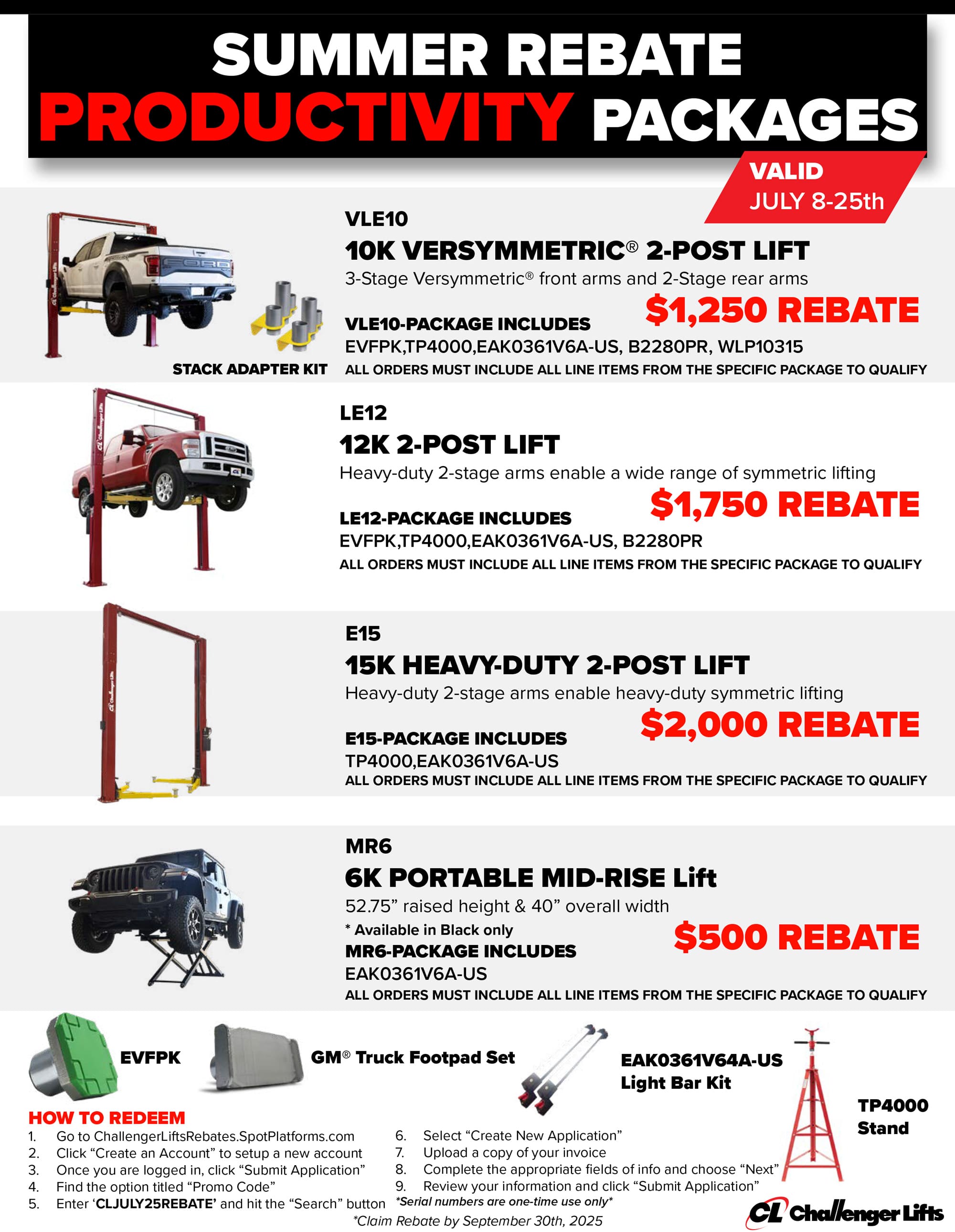 A poster containing rebates for Challenger Lifts Summer 2025